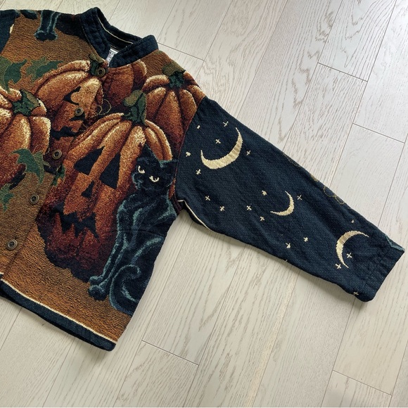 Vintage 90s Sugar Street Weavers Halloween Pumpkin Celestial Cat Tapestry Jacket - Picture 9 of 17